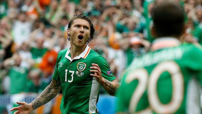 Jeff Hendrick reacts after hitting the woodwork against Sweden. Photograph: Afp