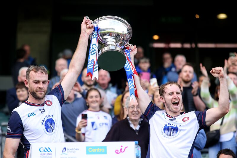 New York's Jonathan Glynn and James Breen lift the Lory Meagher Cup. Photograph: Ben Brady/Inpho