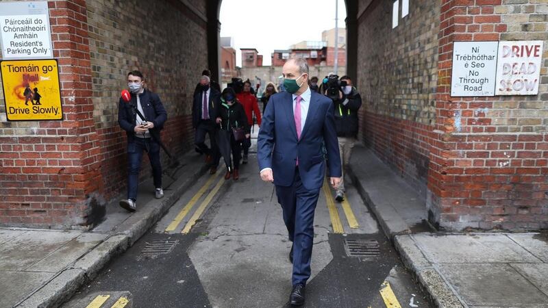 Taoiseach Micheál Martin at the Oliver Bond Street flats complex in Dublin. Photograph: Julian Behal Photography/PA Wire