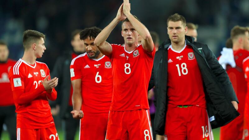 Wales’ Andy King applauds the fans after the final whistle. Photograph: Tim Goode/PA Wire.