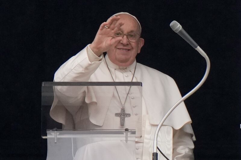 Pope Francis delivers his blessing as he recites the Angelus noon prayer overlooking St Peter’s Square. Photograph: Andrew Medichini/AP