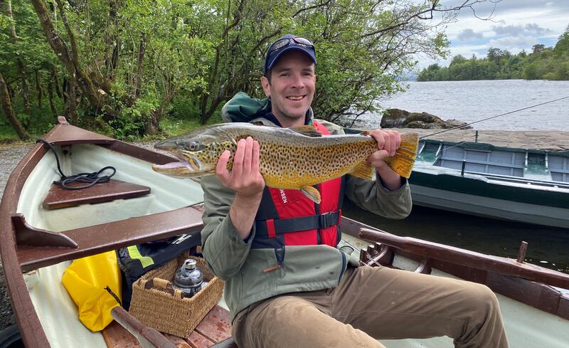John Rendel from Bath with his magnificent 10lb 1oz brown trout caught on the fly on Lough Corrib.