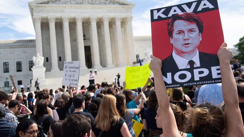 Demonstrators protest against Judge Brett Kavanaugh’s nomination to the US supreme court due to sexual assault claims. Photograph:   Saul Loeb