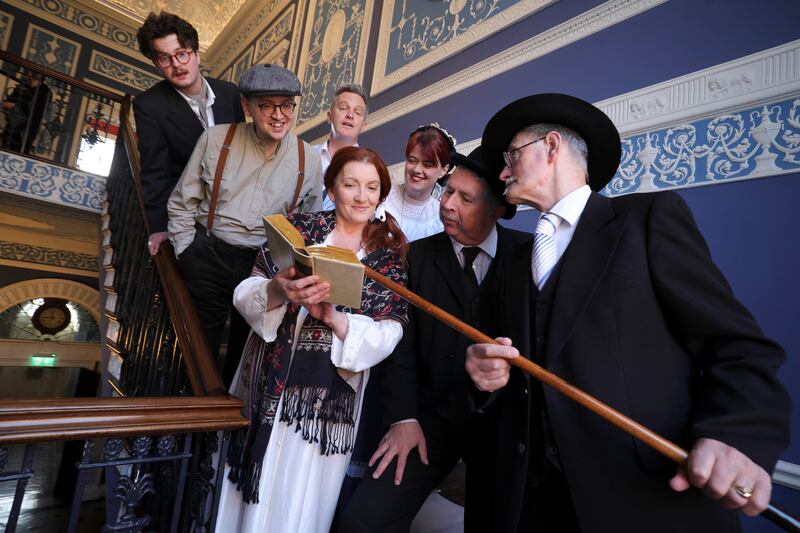 Actors Sean McDermott, pianist Tomos Watkins, Baritone Simon Morgan, Elaine Reddy, soprano Suzanne Savage, Les Doherty and James Joyce played by John Shevlin pictured before their performance at Belvedere College for the traditional Bloomsday breakfast. Photograph: Conor McCabe Photography.