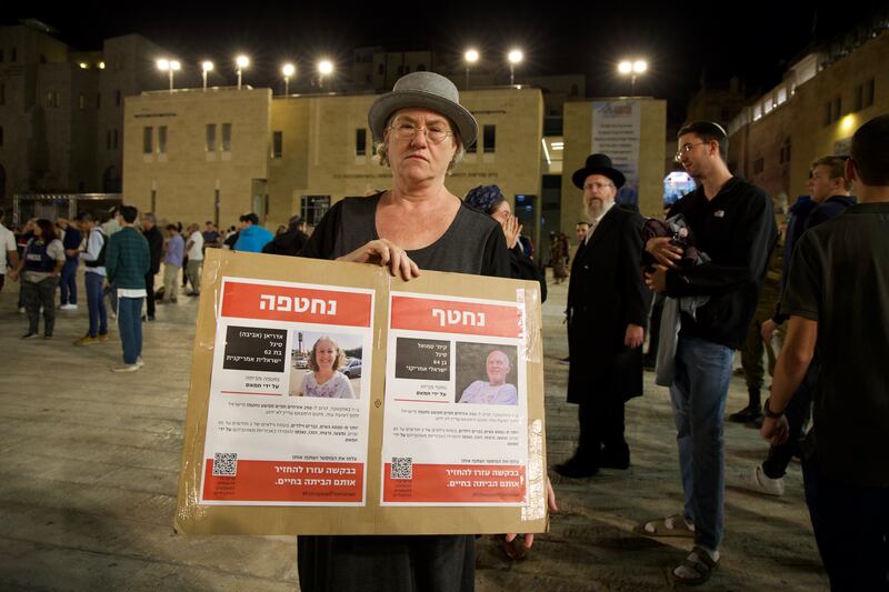 Sandy Feldman at the vigil for hostages in Jerusalem. 'I feel people have to open their hearts and really see the main issue here and see that this country was ours all of these years and will be ours,' she said.  Photograph: Hannah Feldman