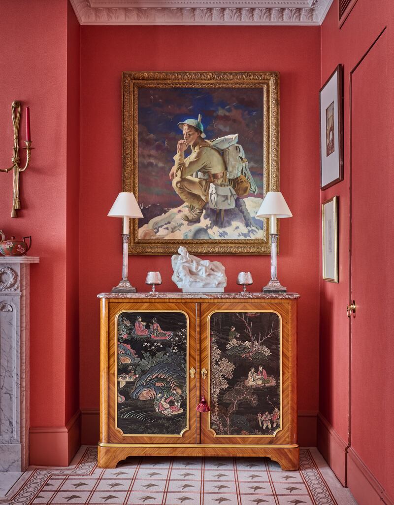 Interior of Mary and Alan Hobart's home on Farm Street, Mayfair with William Orpen painting The Thinker on the Butte de Warlencourt