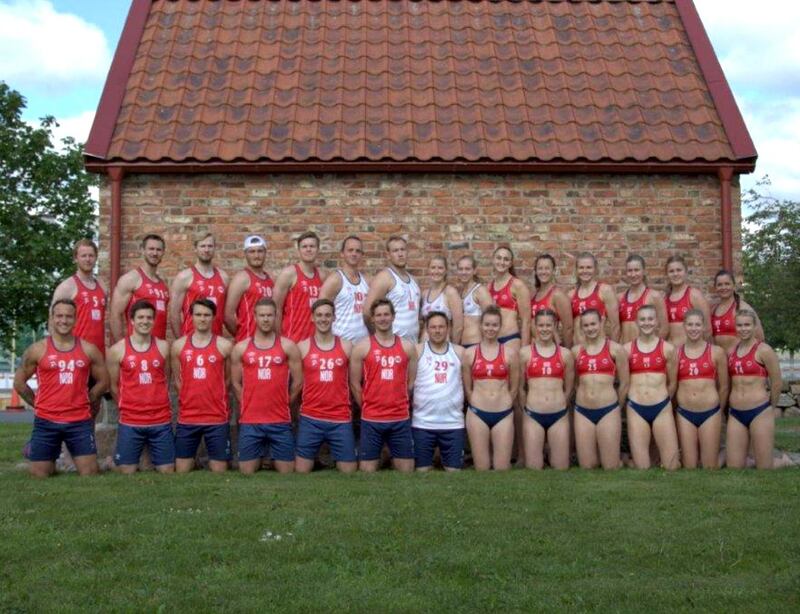One rule for the boys: Norway’s men’s and women’s beach handball teams in their regulation outfits in 2019. Photograph: Norwegian Handball Federation