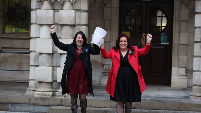 Amanda McGurk and Cara McCann outside Belfast City Hall on Monday after becoming the first couple in Belfast to convert their civil partnership into a marriage. Both were involved in the Love Equality campaign for same-sex marriage rights in Northern Ireland. Photograph: Liam McBurney/PA Wire