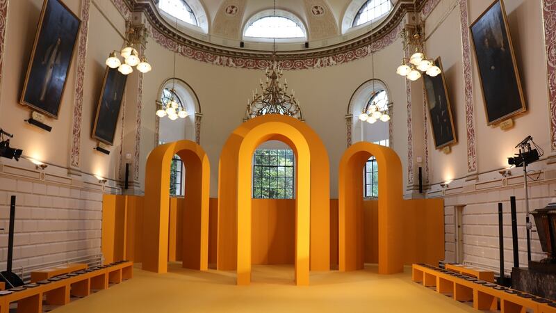 Think Design’s set-up for a Brown Thomas fashion show in TCD’s Exam Hall