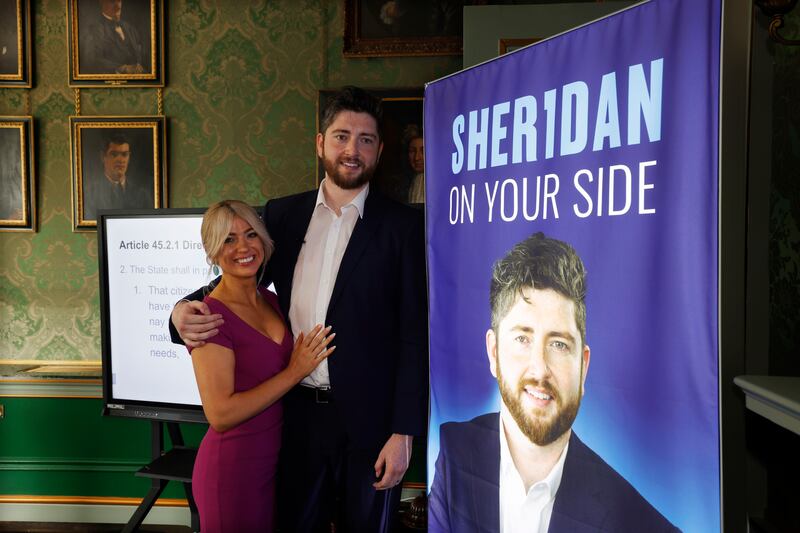 Gareth Sheridan with his wife Heidi in the  Shelbourne Hotel, Dublin, to announce his presidential bid. Photograph: Alan Betson 

