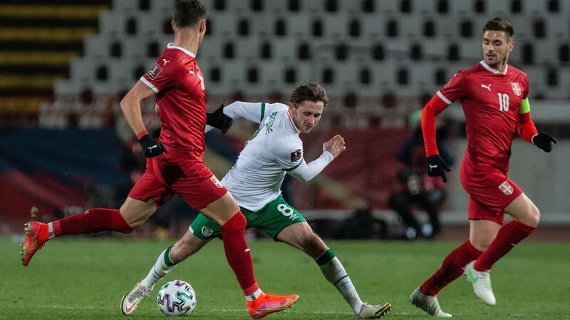 Alan Browne in action during the World Cup qualifier against Serbia in Belgrade. Photograph: Nikola Krstic/Inpho
