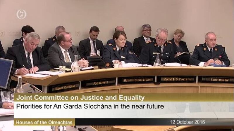 Garda Commissioner Nóirín O’Sullivan appeared before the committee just days after a senior judge was appointed to investigate allegations of intimidation and harassment of garda whistleblowers. Photograph: Oireachtas TV