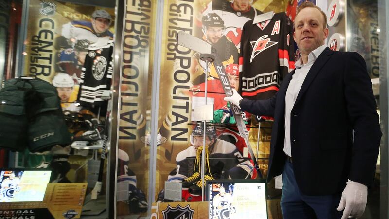 David Ayres with his stick at the Hockey Hall of Fame. Photograph: Steve Russell/Getty