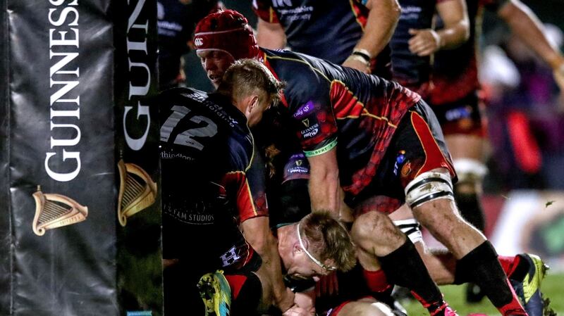 Tom McCartney scores Connacht’s fourth try during the Guinness Pro 14 game against te Dragons at the Sportsground. Photograph: James Crombie/Inpho