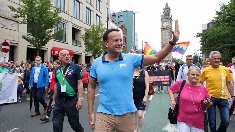 Taoiseach Leo Varadkar joins LGBT community taking part in the Belfast Pride Parade 2019 in Belfast. Photograph:  Paul Faith/AFP/Getty Images