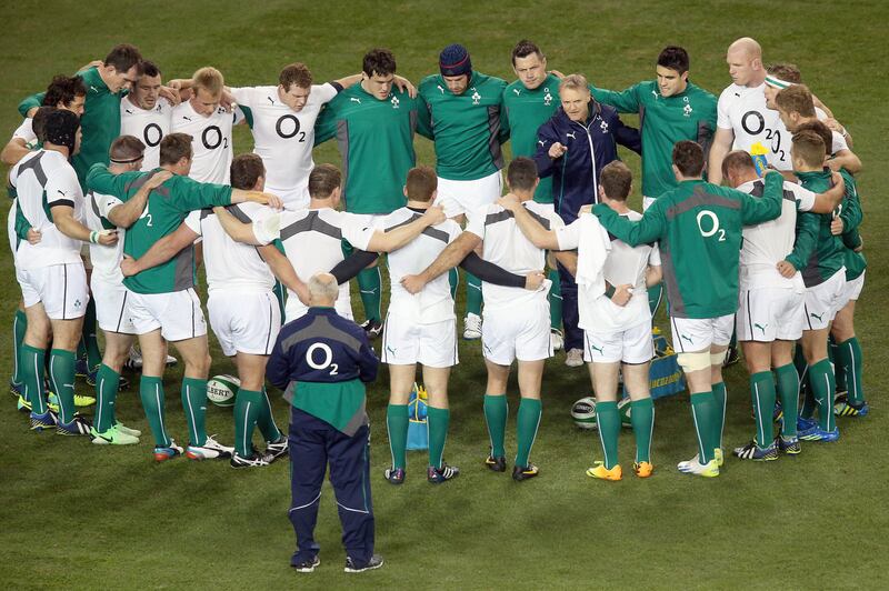 Joe Schmidt speaks to his Ireland side before his first gama in charge against Samoa on November 9th 2013. Photograph: Ryan Byrne/Inpho