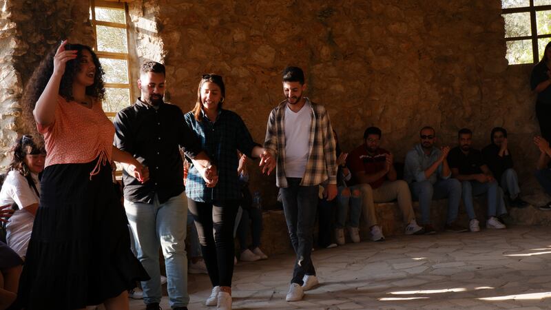 Young adults dancing in the Youth Village, Ramallah. Ahmed is pictured second from left. Photograph: Jade Wilson