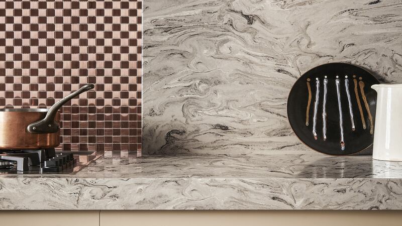 Corian’s Smoke Drift Prima, made of an acrylic polymer and alumina tri-hydratea, is available  from Arena Kitchens.