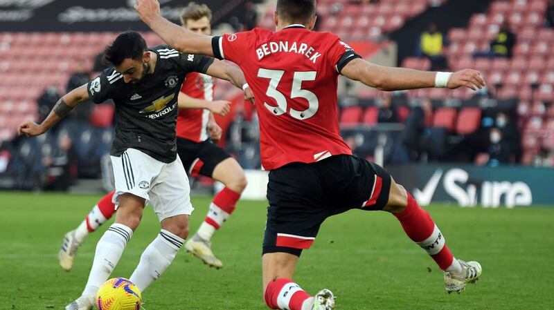 Bruno Fernandes pulls one back for Manchester United against Southampton. Photograph: Mike Hewitt/Getty/AFP