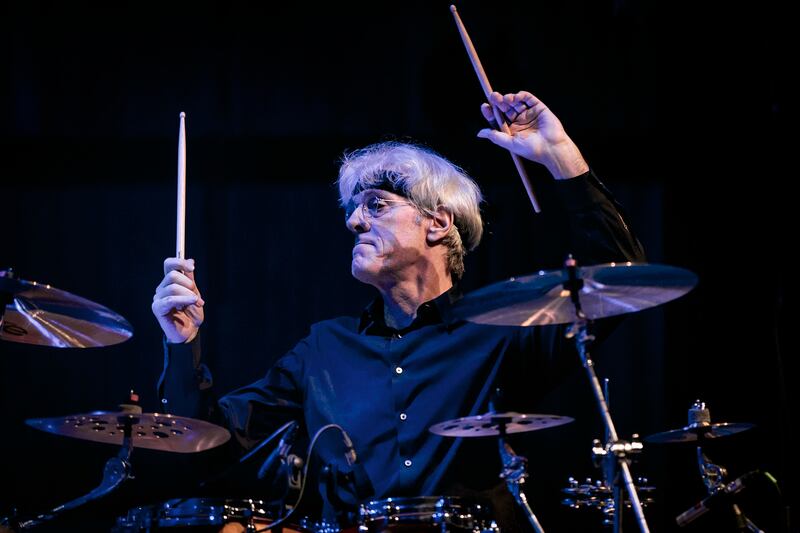 Stewart Copeland performing his Stewart Copeland Lights Up the Orchestra show at The Royal Festival Hall on April 3rd, 2019 in London, England. Photograph: Neil Lupin/Redferns