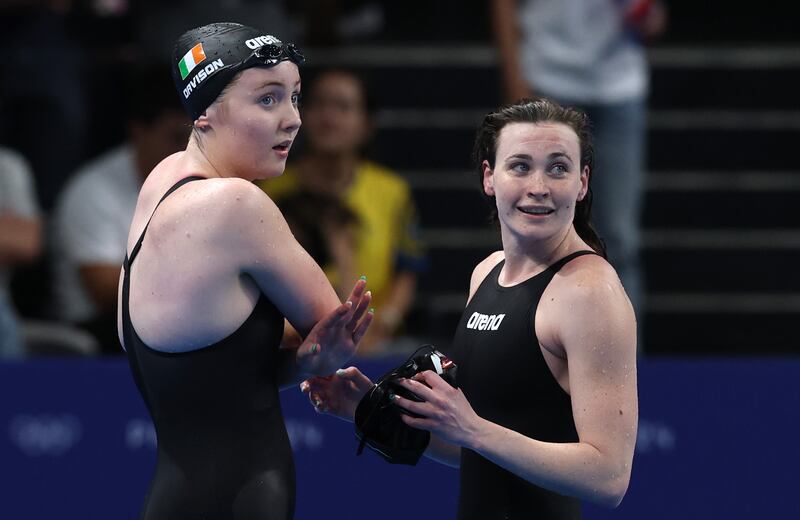 Ireland’s Grace Davison and Erin Riordan after the 4x100m freestyle relay. Photograph: James Crombie/Inpho