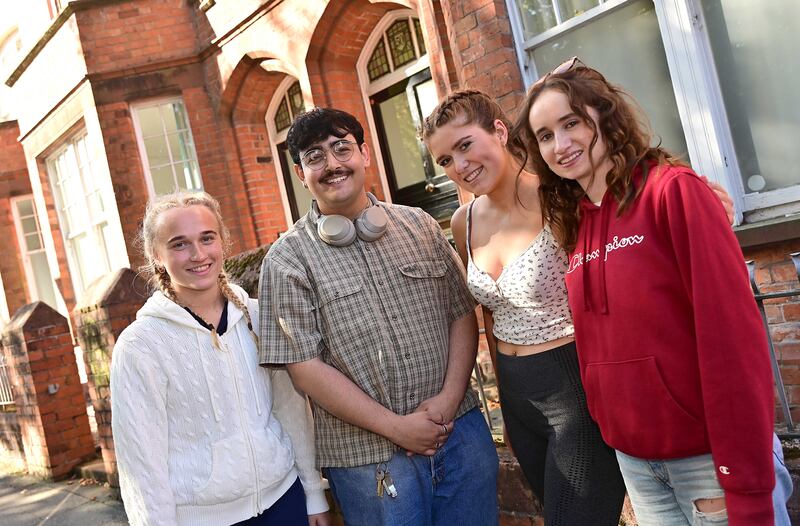 Students from the Republic studying at Queen's in Belfast: Caoimhe Aspinall, Ben Paratian, Niamh Aspinall and Georgia Connon. Photograph: Arthur Allison/Pacemaker 