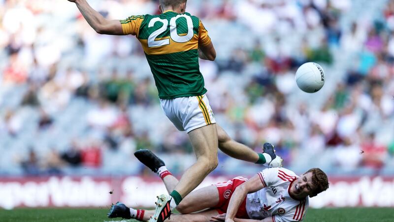 Killian Spillane’s shot at goal is blocked by Peter Harte during the All-Ireland semi-final. Photograph: Laszlo Geczo/Inpho