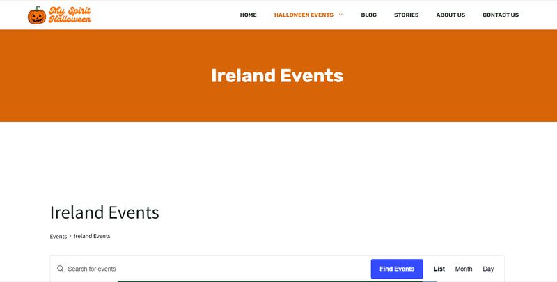 The website lists Halloween events in countries around the world, including Ireland, and features mostly legitimate listings.