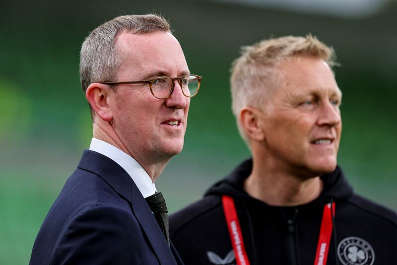 FAI chief executive David Courell and Republic of Ireland manager Heimir Hallgrímsson. Photograph: Ryan Byrne/Inpho