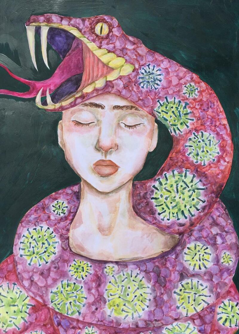Elizabeth McElroy, aged 13. ‘This picture captures how it feels to be trapped indoors and slowly squeezed of normal routines. I chose a snake because snakes represent temptation and its hard to resist doing things you normally enjoy at this time.’