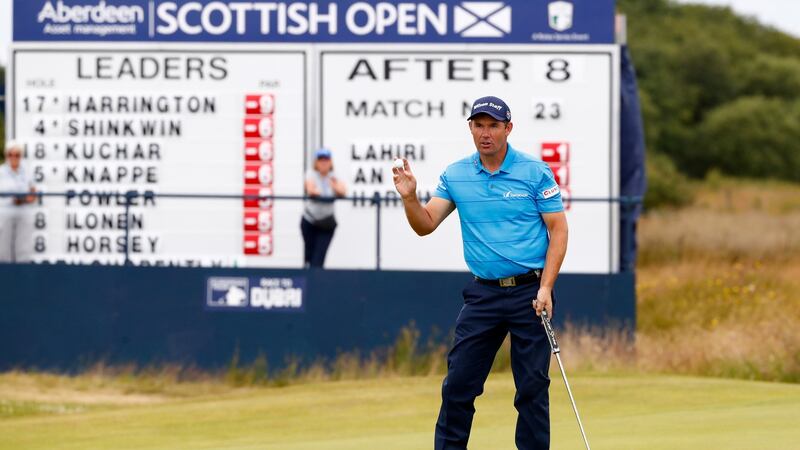 Padraig Harrington of Ireland acknowledges the crowd on the 9th green during day two of the AAM Scottish Open at Dundonald Links Golf Course in Troon, Scotland. Photo: Gregory Shamus/Getty Images