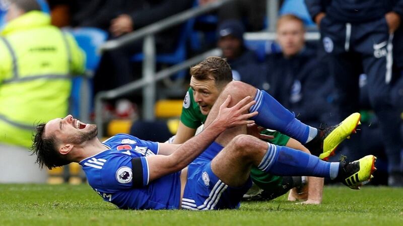 Cardiff City’s Greg Cunningham reacts after he is fouled by Brighton’s Dale Stephens. Photograph: John Sibley/Action Images via Reuters