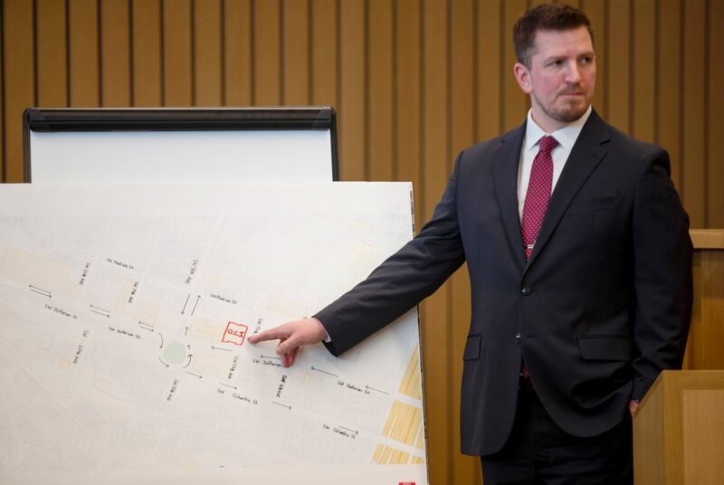 Prosecutor Shawn Overstreet presents his opening statement at the murder trial of romance writer Nancy Crampton Brophy. Photograph: Dave Killen/The Oregonian/AP