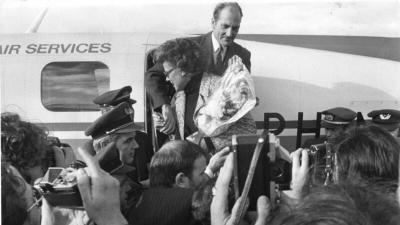 Going home: Elisabeth and Tiede Herrema board their flight back to the Netherlands. Photograph: Dermot O’Shea