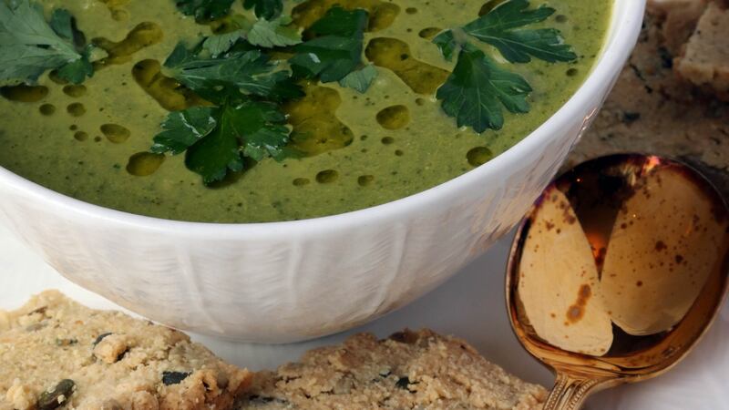 So, what do you do if you want to harvest the maximum amount of nutrients from your greens but you can’t bear the idea of eating them cold? Domini Kemp’s Green Soup and Almond Crackers. Photograph: Nick Bradshaw