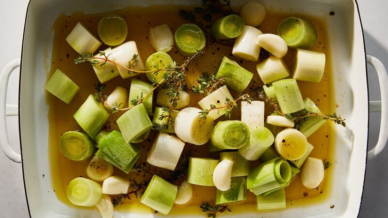 Leeks cook in a generous amount of olive oil, yielding beautifully, before being mixed with lentils and cream.