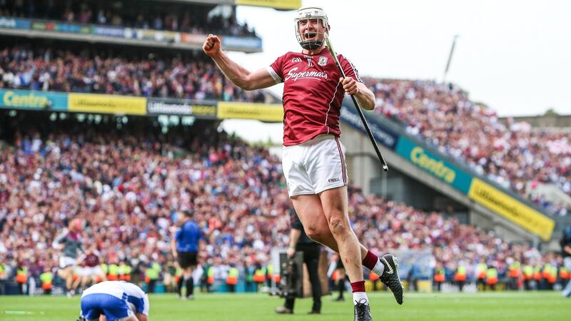 Joe Canning celebrates at the final whistle. Photograph: Tommy Dickson/Inpho