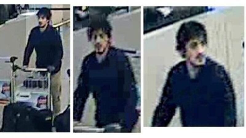 A handout image provided by Belgian Federal Police shows a CCTV grab of one of the three suspects in the Zaventem airport attack in Brussels, Belgium. Photograph: EPA