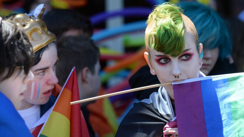 Cassiel Wincester (right) with Kody Coughlan and Sam Waldron, from Cork, at Dublin Pride .Photograph: Dara Mac Dónaill/The Irish Times