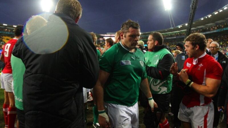 Ireland prop Mike Ross walks off the pitch following his team’s World Cup quarter final defeat to Wales in 2011. Photograph: Cameron Spencer/Getty Images