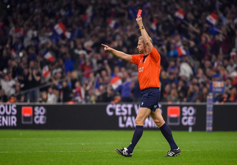 Wayne Barnes shows Pieter-Steph du Toit of South Africa a red card during the tempestuous France versus South Africa clash at Orange Velodrome in Marseille, France. Photograph: Clement Mahoudeau/Gallo Images/Getty Images