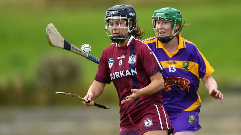 Victoria MacQueen of Thomas McCurtains, Britain GAA (left) against Emily Murphy of Fr Murphy’s Camogie, Britain GAA. Photograph:  Piaras Ó Mídheach/Sportsfile