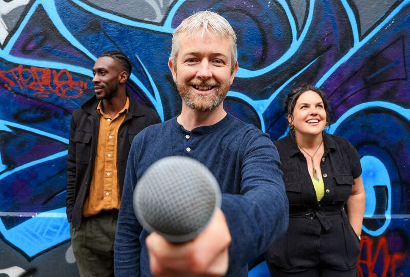 Poetry Ireland launched its ‘Ireland Is’ tour of spoken word and live music with poets Colm Keegan (centre) and Erin Fornoff and rapper and spoken word artist Olympio. The tour will travel to venues in Dublin, Limerick, Cork, Galway and Longford this autumn. Photograph: Marc O'Sullivan