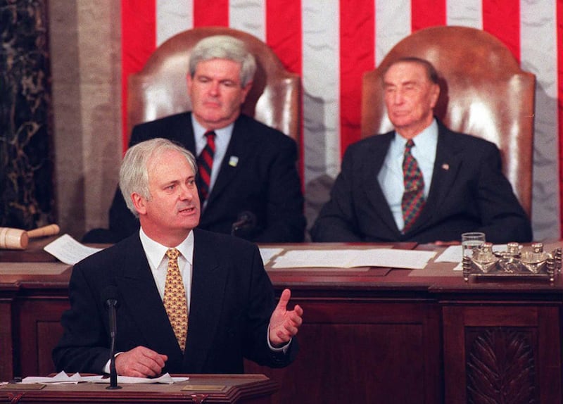 Taoiseach John Bruton addresses a joint session of the US Congress in Washington DC as Newt Gingrich, centre, and Strom Thurmond, look on. Photograph: Richard Ellis/AFP via Getty Images