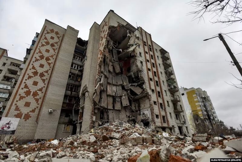 The apartment block in Lyman in Donetsk region where the chief editor of the city's Zorya newspaper, Oleksandr Pasichnyk, lived with his family until Russia's full-scale invasion. Photograph: Courtesy of Oleksandr Pasichnyk