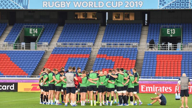 Ireland take part in their training session at International Stadium Yokohama in Kanagawa Prefecture on Friday, ahead their    Rugby World Cup opener against Scotland. Photograph: Kazuhiro Nogi/AFP