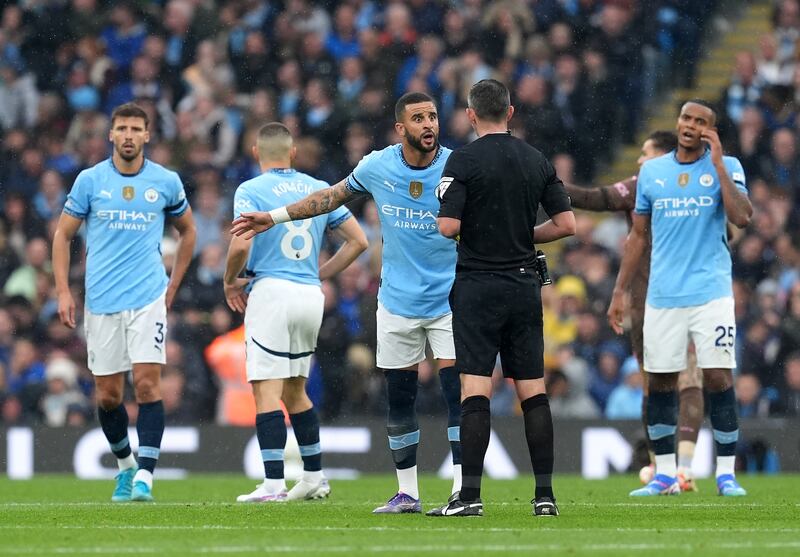 Manchester City's Kyle Walker appeals to referee Michael Oliver in response to Arsenal's first goal. Photograph: Martin Rickett/PA 


