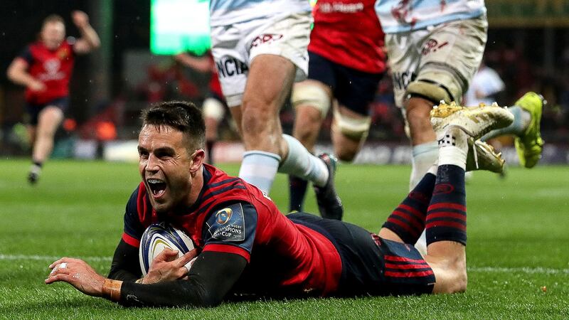 Conor Murray celebrates scoring a try against Racing 92 in the  Champions Cup second round victory  at  Thomond Park. Photograph: Dan Sheridan/Inpho