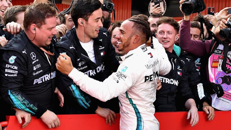 Lewis Hamilton celebrates victory in Barcelona. Photograph: David Ramos/Getty
