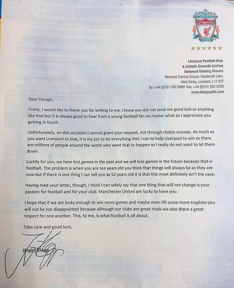 The letter from Liverpool manager Jürgen Klopp to 10-year-old Man Utd fan Daragh Curley. Photograph: North West Newspix